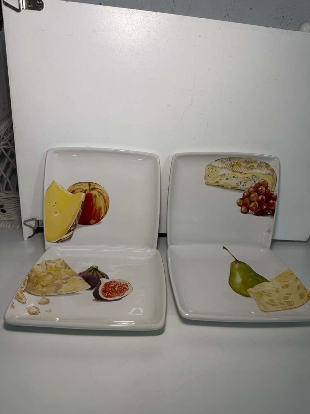 The Cellar Set of 4 Square Appetizer Plates with Cheese and Fruit Motif